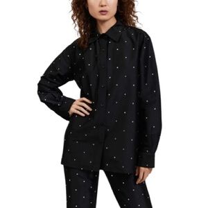 Batsheva Oversized Button Up Black Rhinestone Shirt Blouse